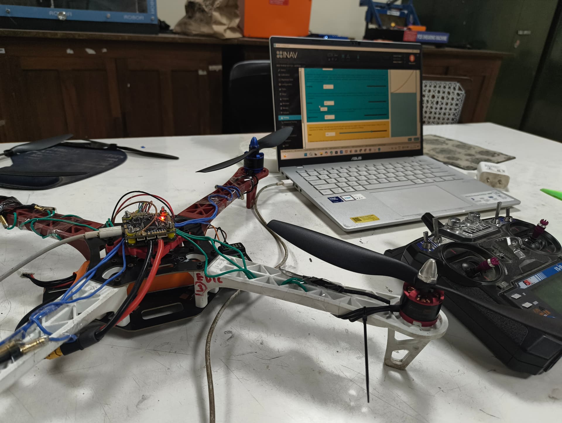 INAV configurator telemetry test with FlySky FS-i6 radio transmitter & 1045 props